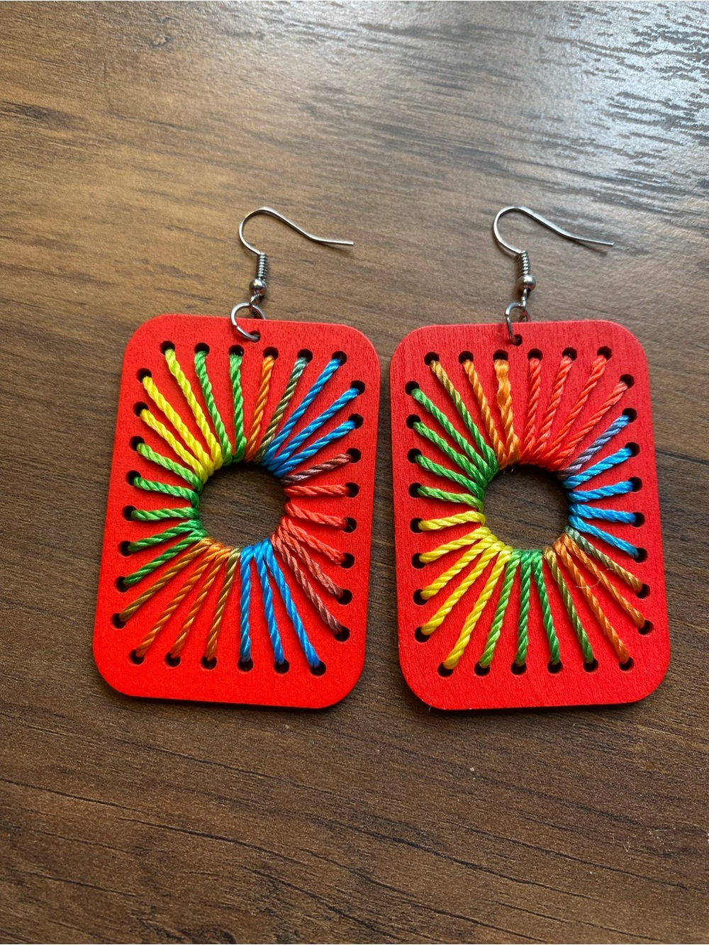 Vibrant Red Rainbow Threaded Wooden Earrings